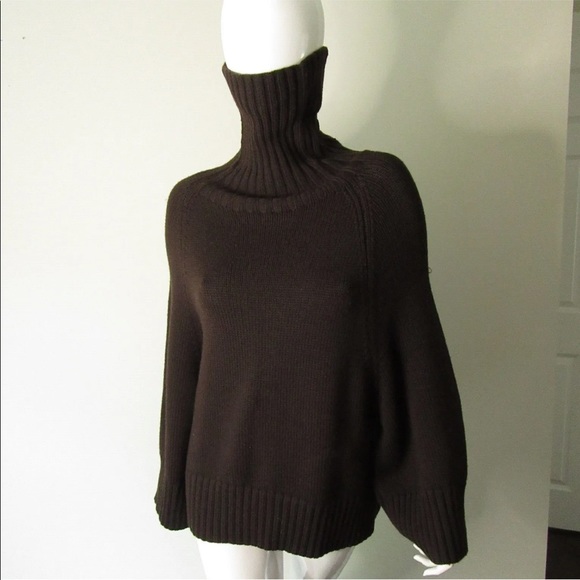 THEORY JULIET CHUNKY KNIT CHOCOLATE BROWN TURTLENECK PONCHO S EUC MINOR PILLING - Picture 1 of 8